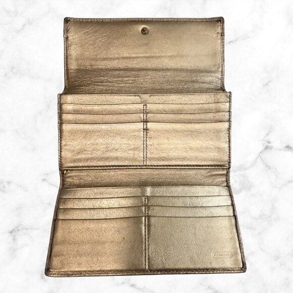 COACH Metallic Gold Leather Wallet | Snap Closure Billfold with Card Slots - Picture 3 of 10